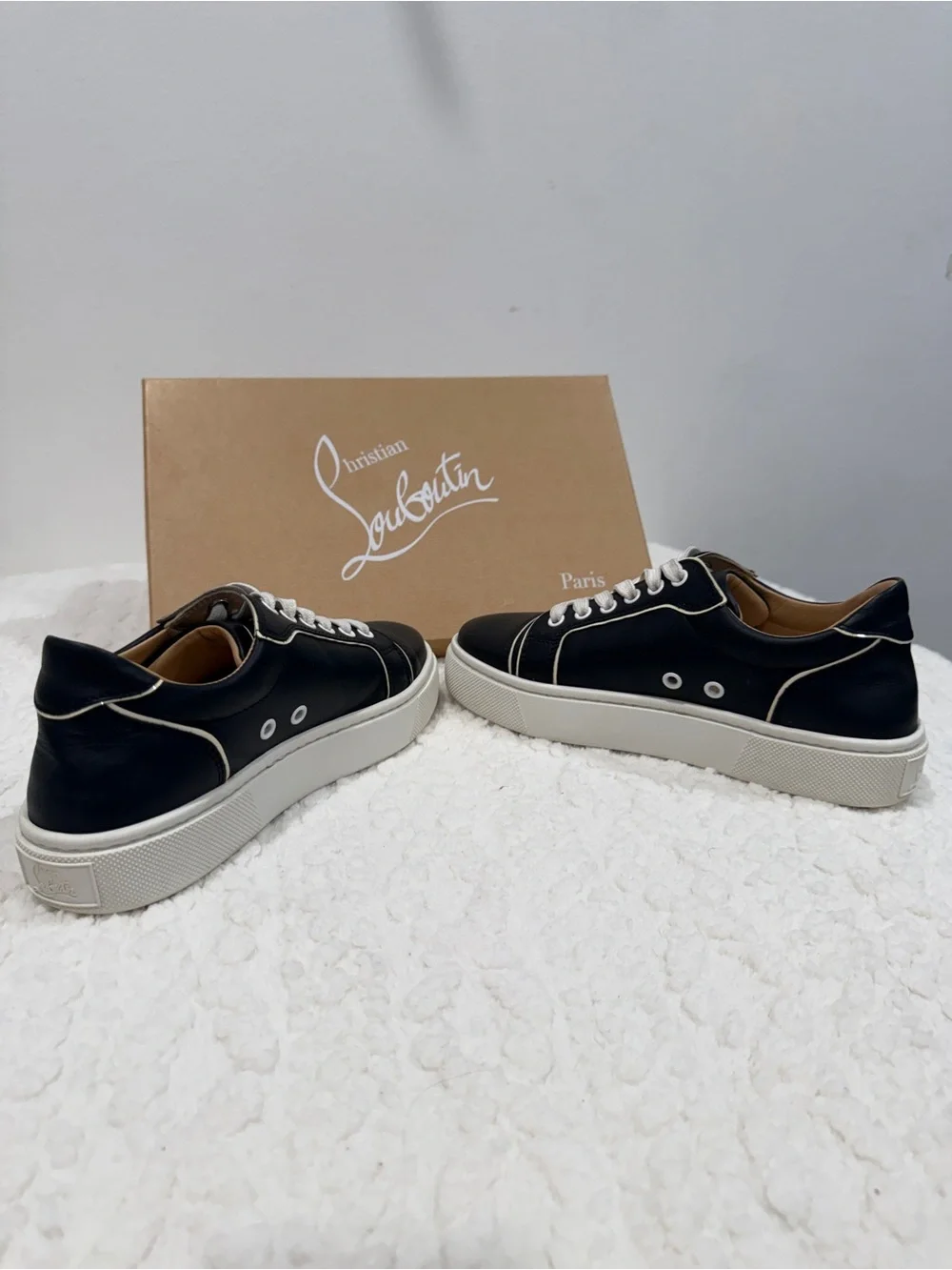 Women’s Christian Louboutin Black and White Low-Top Sneakers with Red Sole